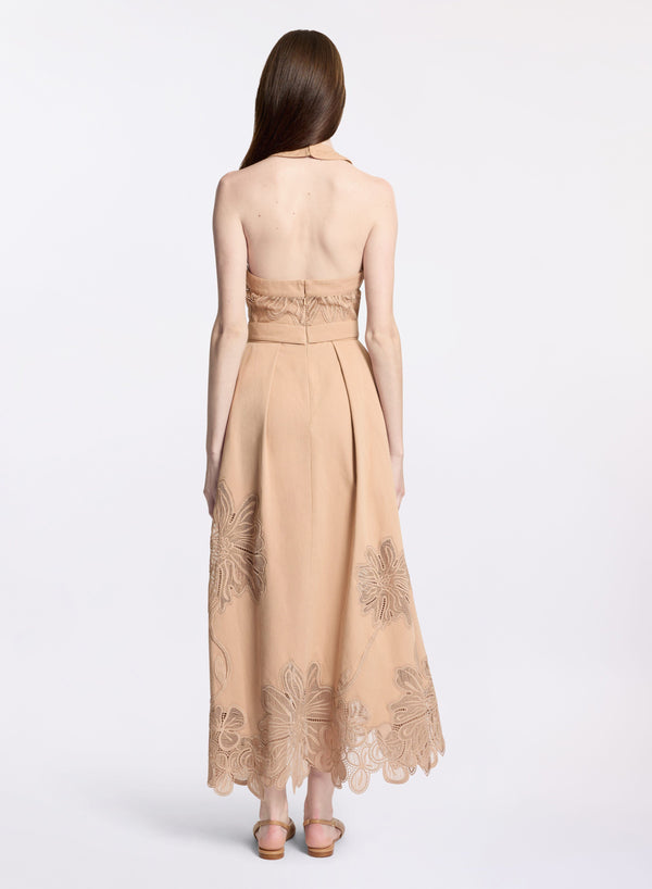 Elie Saab Embroidered Gabardine Midi Dress Cappuccino
