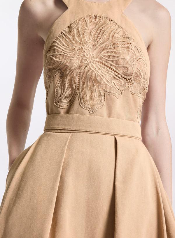 Elie Saab Embroidered Gabardine Midi Dress Cappuccino