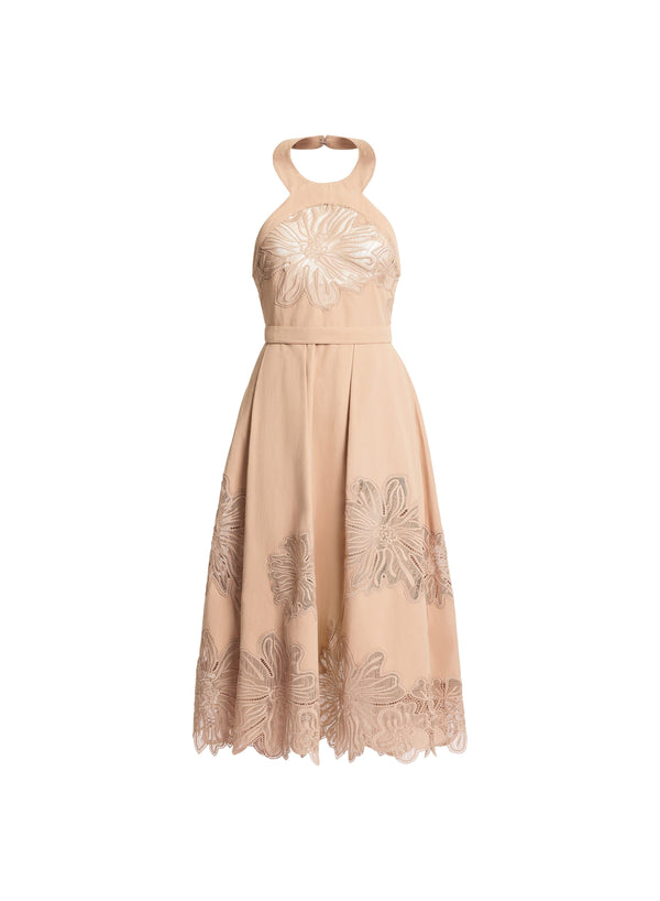 Elie Saab Embroidered Gabardine Midi Dress Cappuccino