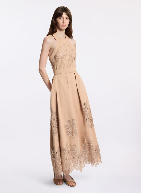 elie saab Embroidered gabardine midi dress Cappuccino