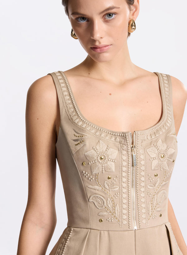 Elie Saab Embroidered Gabardine Midi Dress Elephant Grey