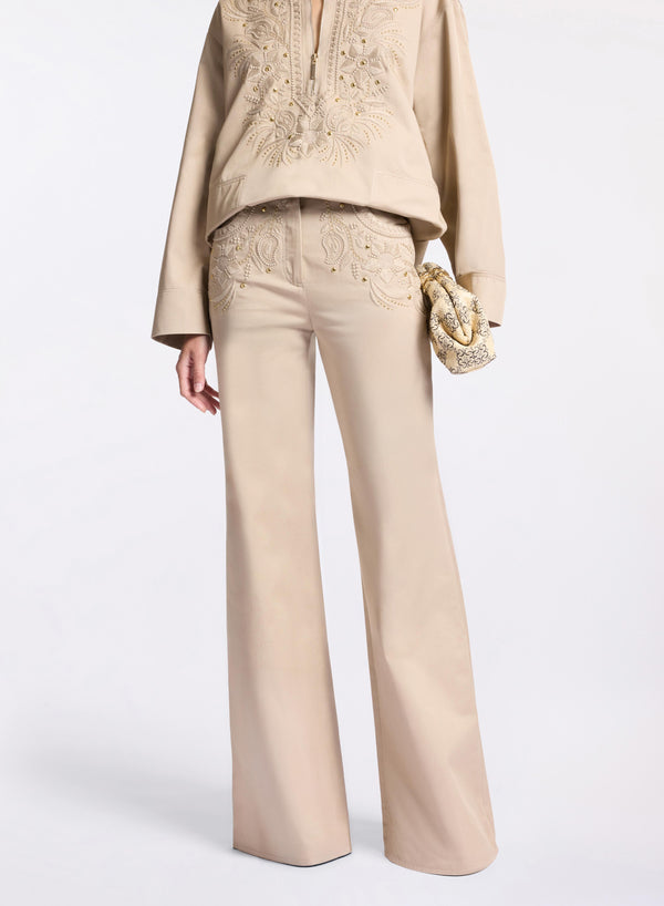 Elie Saab Embroidered Gabardine Pants Elephant Grey
