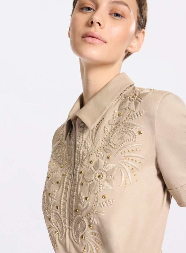 Elie Saab Embroidered Gabardine Short Jumpsuit Elephant Grey