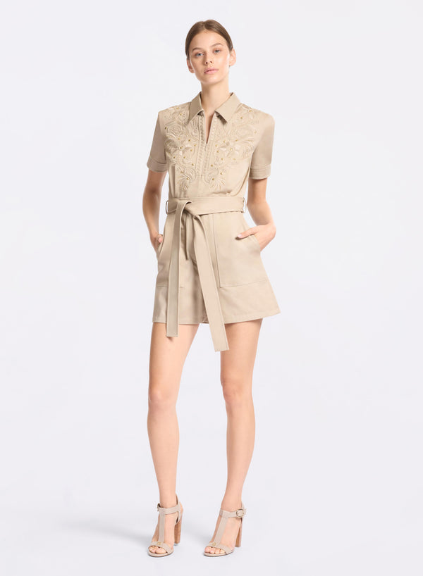 elie saab Embroidered gabardine short jumpsuit Elephant Grey