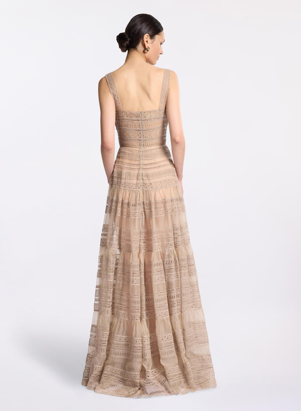 Elie Saab Embroidered Organza Long Dress Elephant Grey