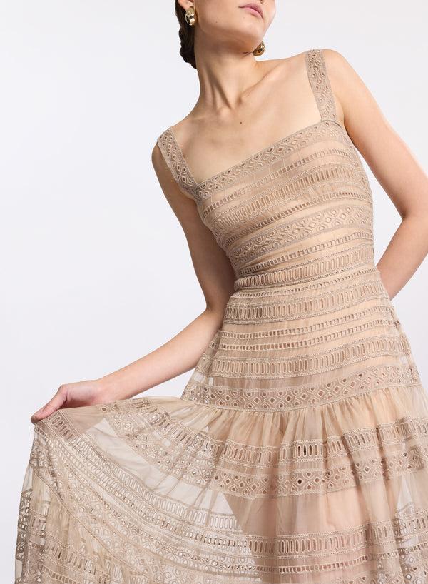 Elie Saab Embroidered Organza Long Dress Elephant Grey