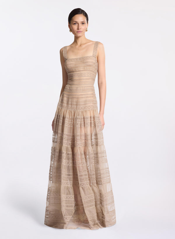 elie saab Embroidered organza long dress Elephant Grey