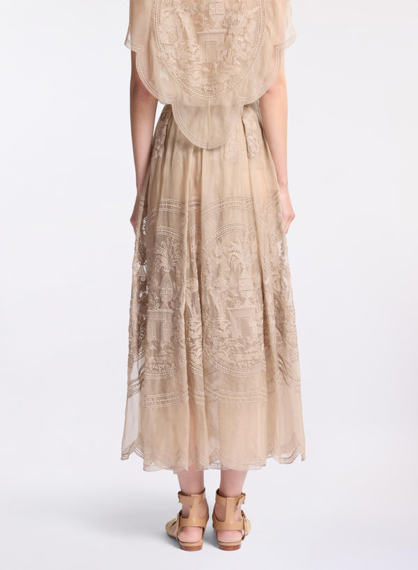 Elie Saab Embroidered Organza Midi Skirt Elephant Grey