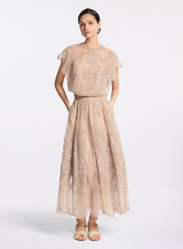 Elie Saab Embroidered Organza Midi Skirt Elephant Grey