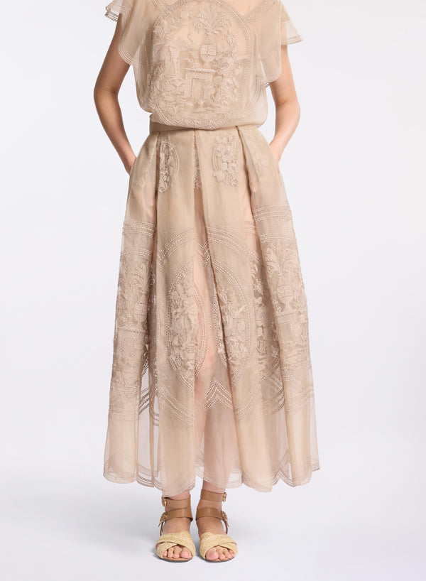 elie saab Embroidered organza midi skirt Elephant Grey