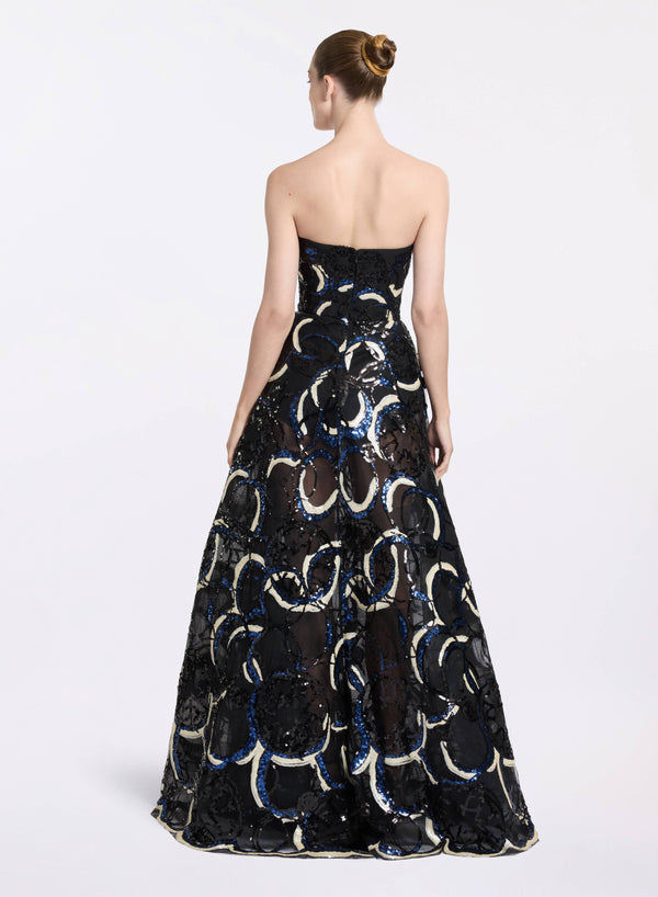 Elie Saab Embroidered Strapless Gown Black-Blue-White