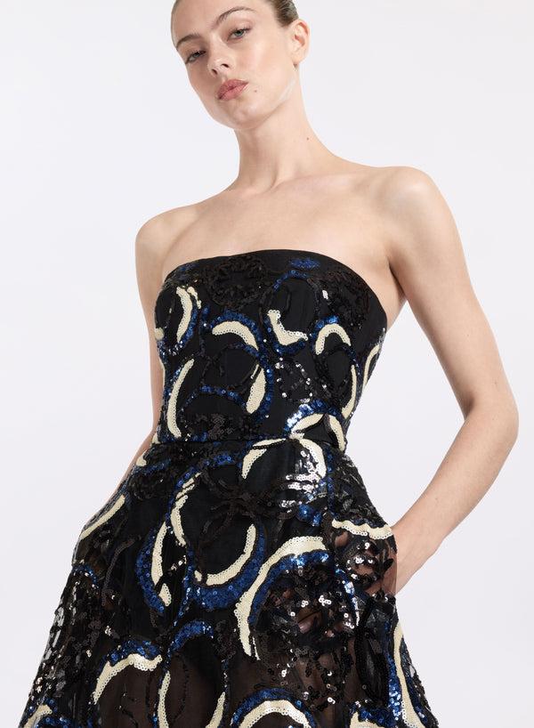 Elie Saab Embroidered Strapless Gown Black-Blue-White