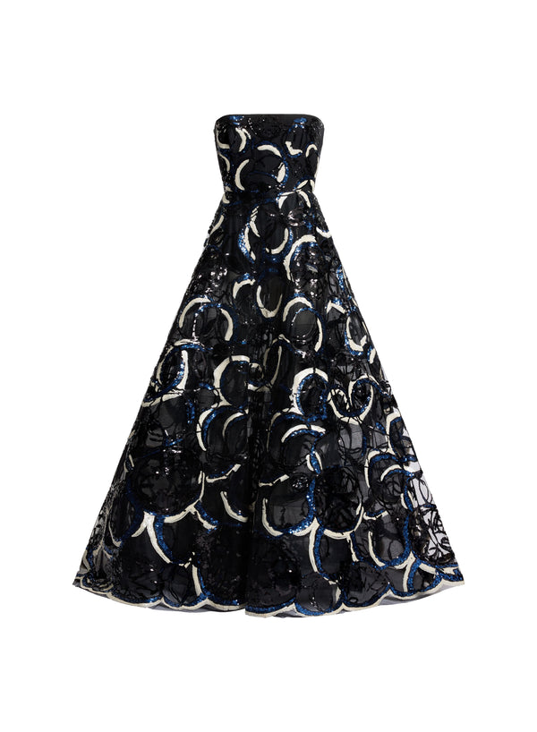 Elie Saab Embroidered Strapless Gown Black-Blue-White
