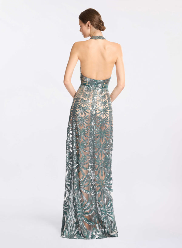 Elie Saab Embroidered Tulle Halter Dress Iceberg Green-Blue Spruce
