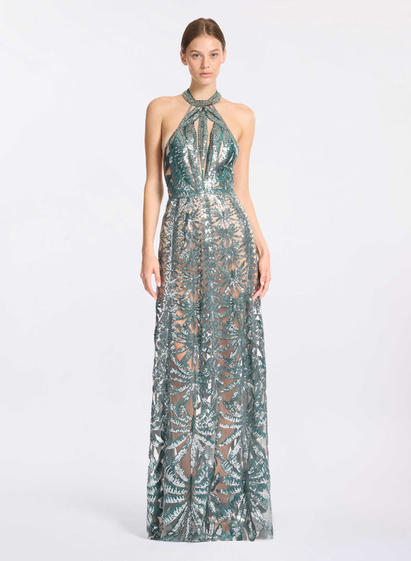 elie saab Embroidered tulle halter dress Iceberg Green-Blue Spruce
