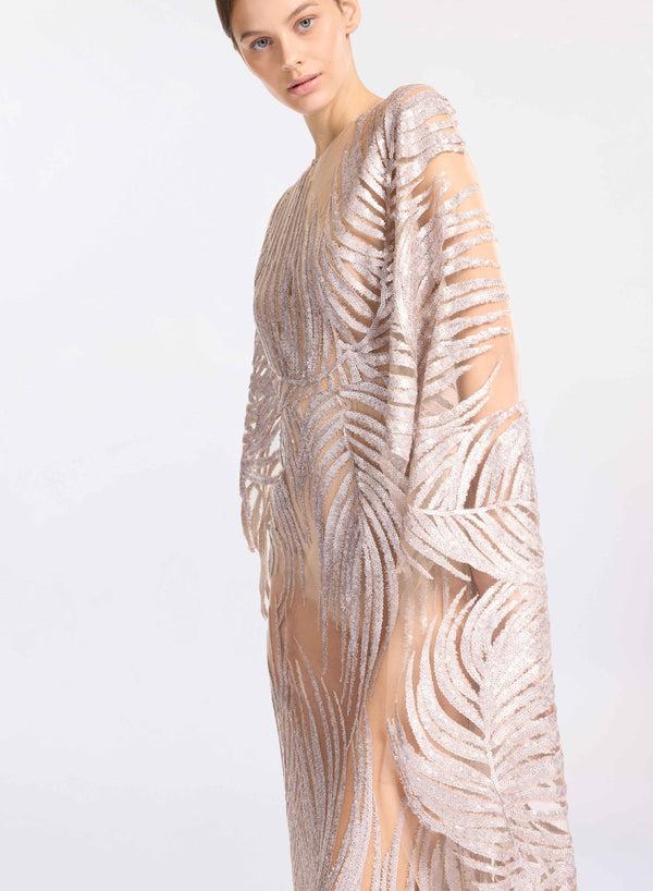 Elie Saab Embroidered Tulle Long Dress Elephant Grey