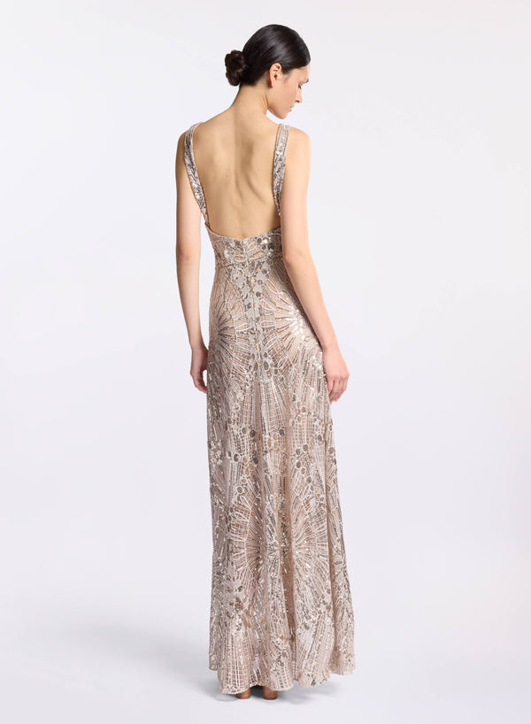 Elie Saab Embroidered Tulle Long Dress Elephant Grey