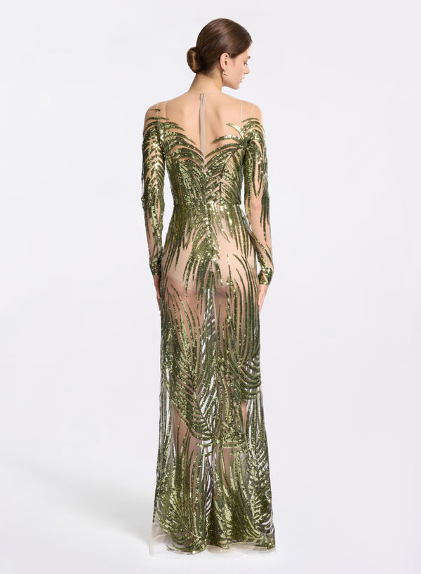 Elie Saab Embroidered Tulle Long Dress Safari Green-Miracle Leaf