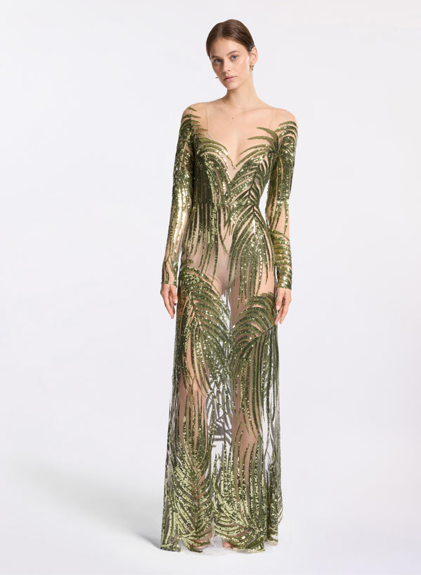 elie saab Embroidered tulle long dress Safari Green-Miracle Leaf