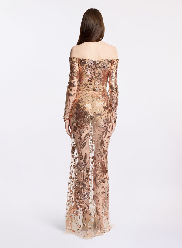 Elie Saab Embroidered Tulle Long Dress Tuscan Tan-Cappuccino