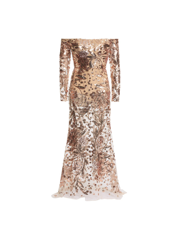 Elie Saab Embroidered Tulle Long Dress Tuscan Tan-Cappuccino
