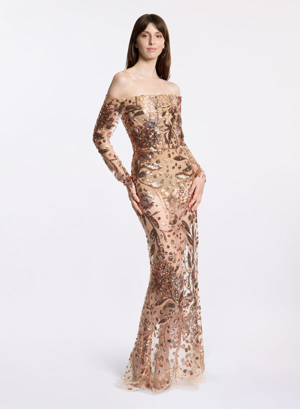 elie saab Embroidered tulle long dress Tuscan Tan-Cappuccino