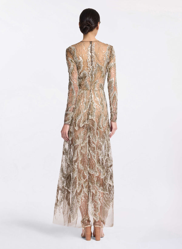 Elie Saab Embroidered Tulle Long-sleeved Dress Silver