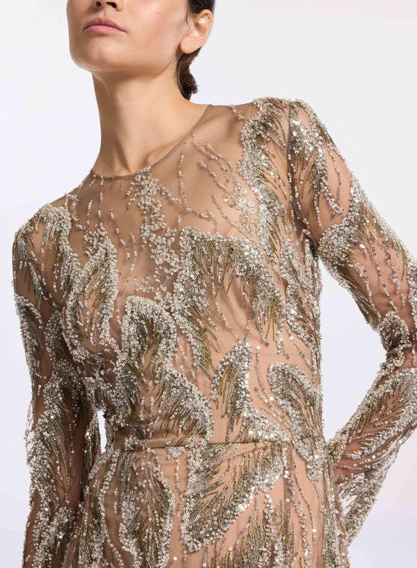 Elie Saab Embroidered Tulle Long-sleeved Dress Silver
