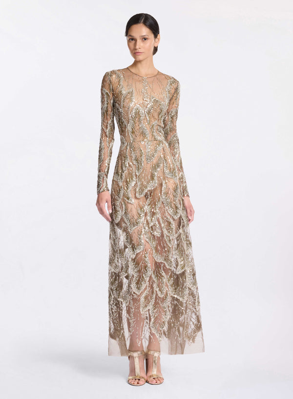 elie saab Embroidered tulle long-sleeved dress Silver