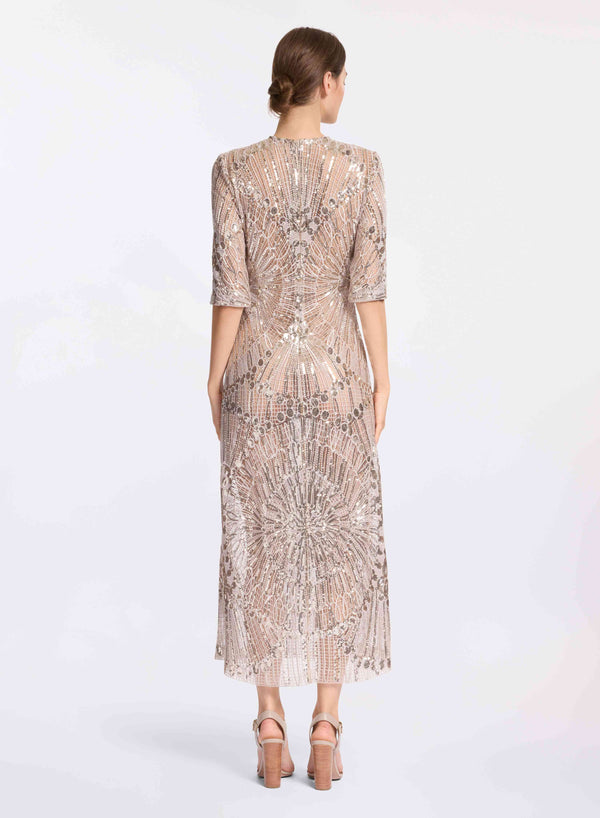 Elie Saab Embroidered Tulle Midi Dress Elephant Grey