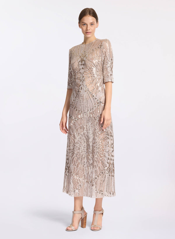 elie saab Embroidered tulle midi dress Elephant Grey