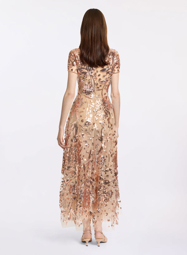 Elie Saab Embroidered Tulle Midi Dress Tuscan Tan-Cappuccino