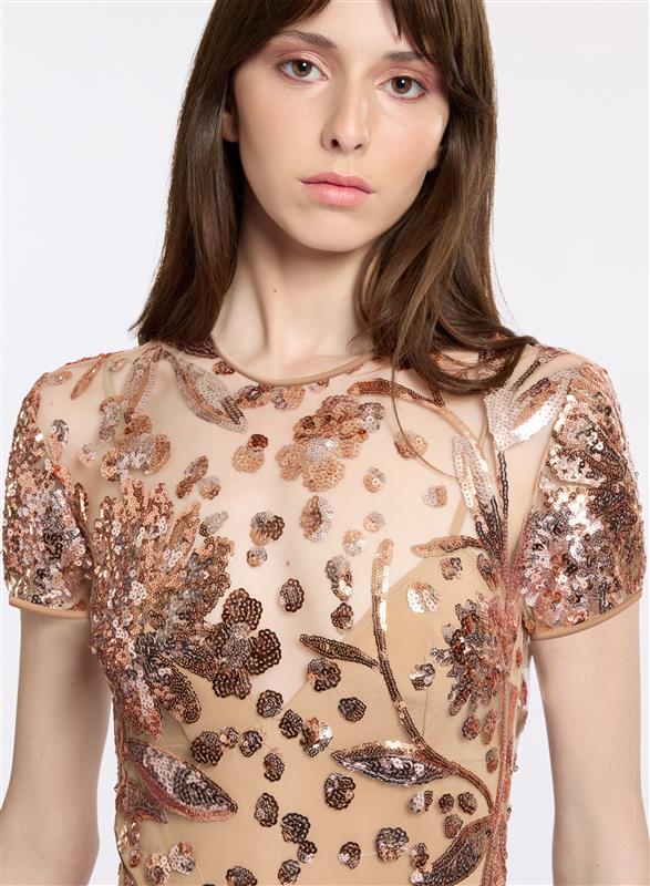 Elie Saab Embroidered Tulle Midi Dress Tuscan Tan-Cappuccino