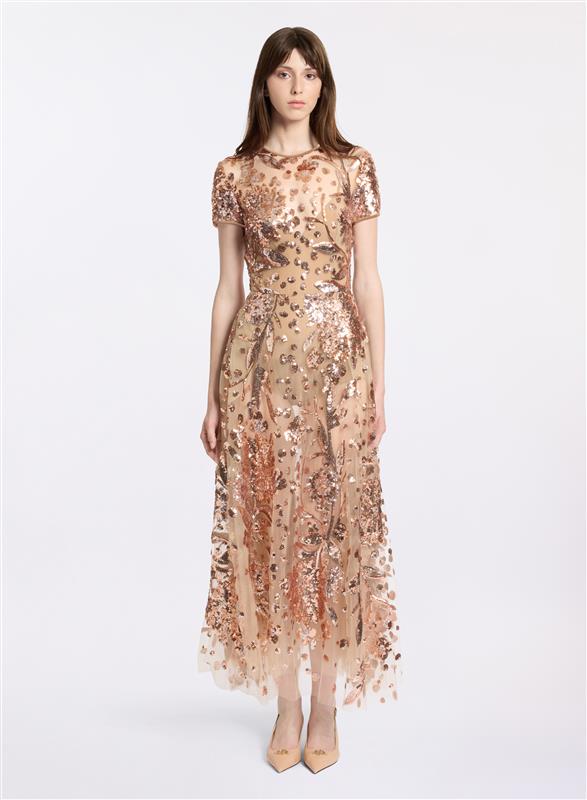 elie saab Embroidered tulle midi dress Tuscan Tan-Cappuccino