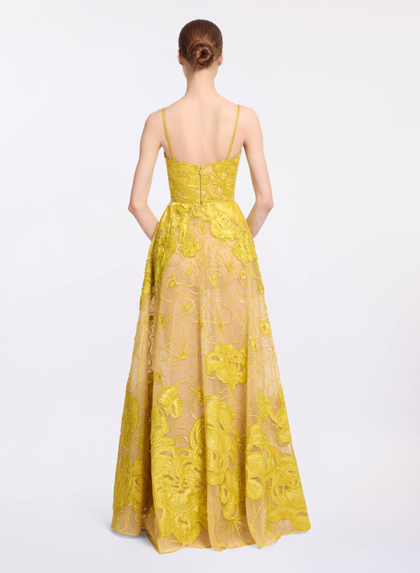 Elie Saab Floral Bead Embroidered Gown Antique Yellow