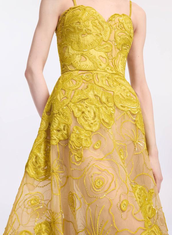 Elie Saab Floral Bead Embroidered Gown Antique Yellow
