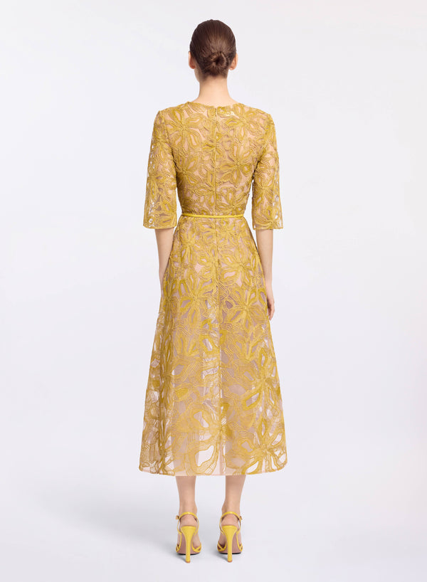 Elie Saab Floral Embroidered Midi Dress Antique Yellow