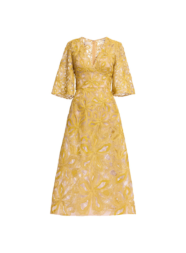 Elie Saab Floral Embroidered Midi Dress Antique Yellow