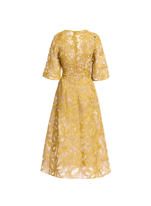Elie Saab Floral Embroidered Midi Dress Antique Yellow