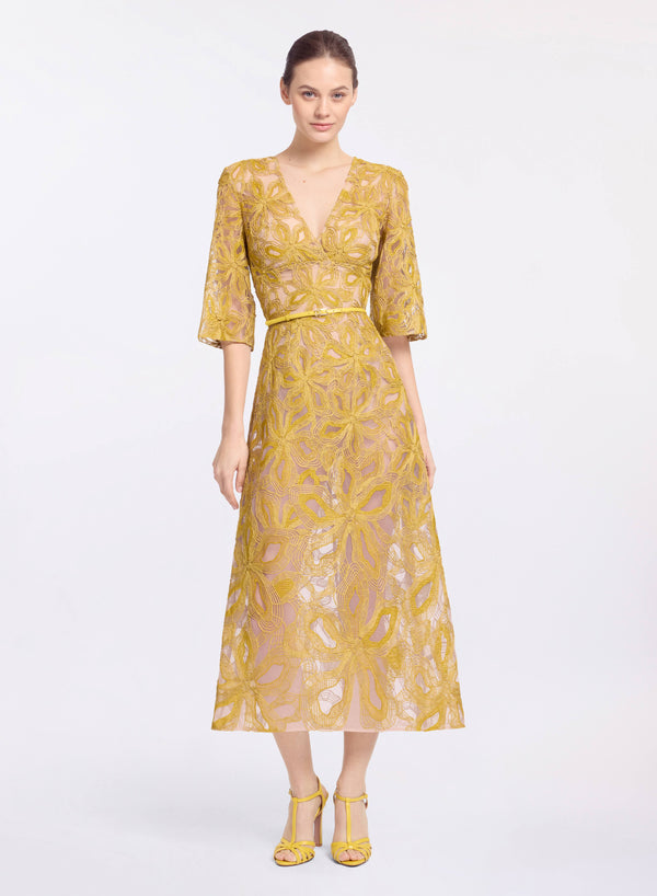 elie saab Floral embroidered midi dress Antique Yellow