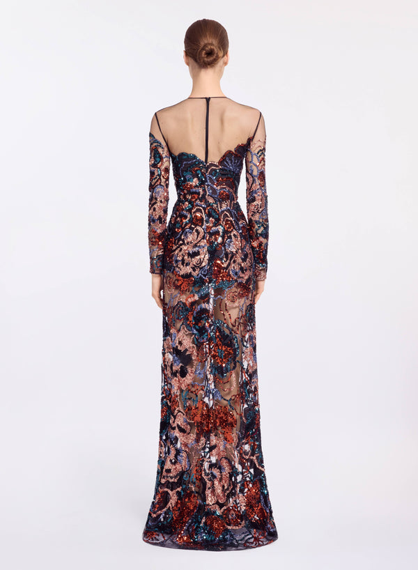 Elie Saab Floral Embroidered Sequin Dress Dark Multicolor