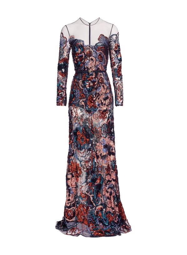 Elie Saab Floral Embroidered Sequin Dress Dark Multicolor
