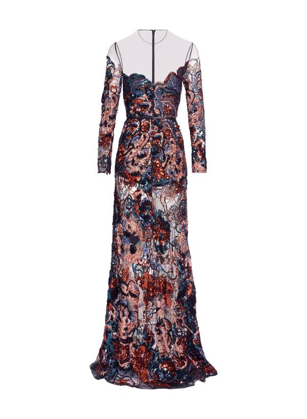 Elie Saab Floral Embroidered Sequin Dress Dark Multicolor