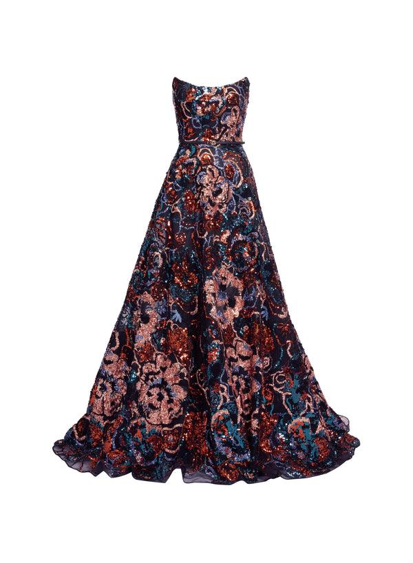 Elie Saab Floral Embroidered Sequin Gown Dark Multicolor