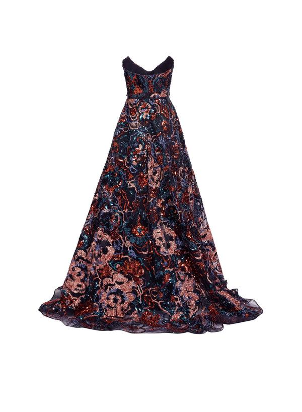 Elie Saab Floral Embroidered Sequin Gown Dark Multicolor