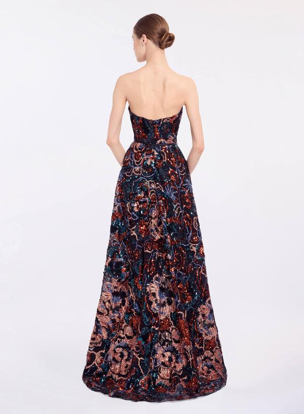 Elie Saab Floral Embroidered Sequin Gown Dark Multicolor
