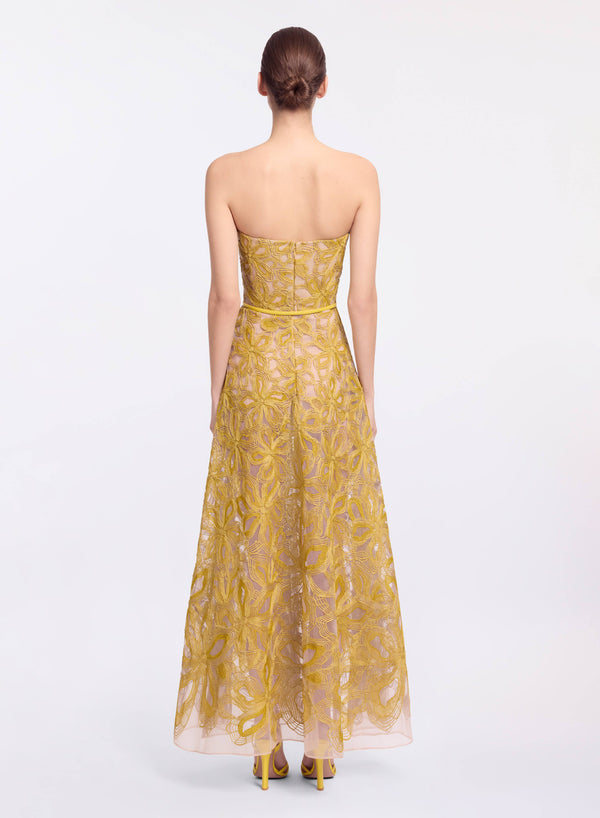 Elie Saab Floral Embroidered Strapless Dress Antique Yellow