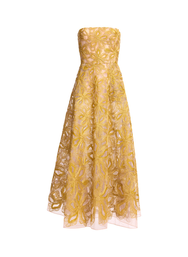 Elie Saab Floral Embroidered Strapless Dress Antique Yellow