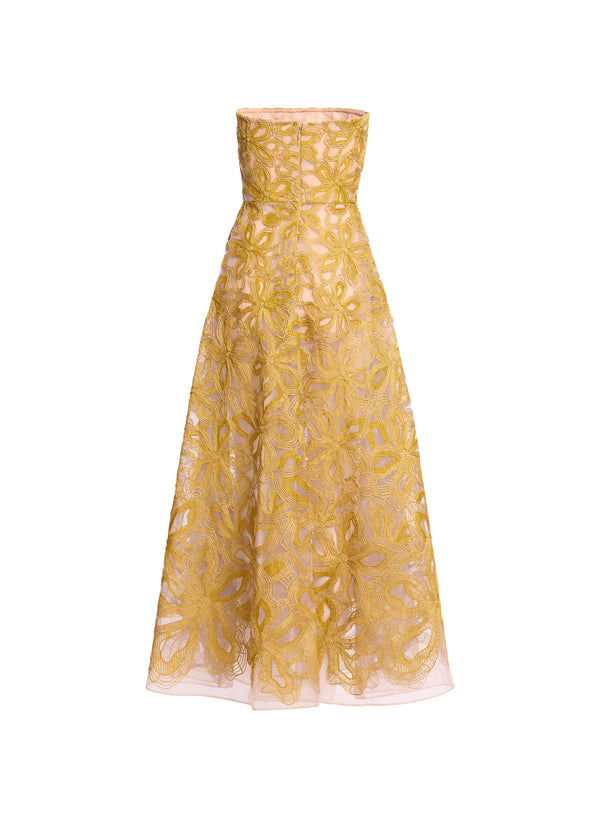 Elie Saab Floral Embroidered Strapless Dress Antique Yellow