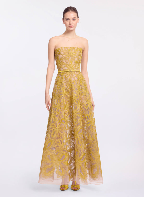 elie saab Floral embroidered strapless dress Antique Yellow